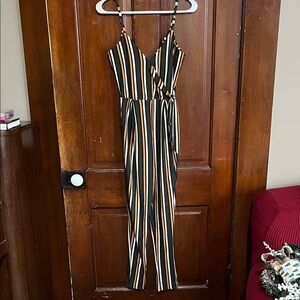 Striped V-Neck Wrap Jumpsuit in Black and Tan